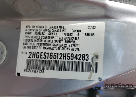 2002 Honda Civic Lx from USA, damaged, VIN 2HGES16512H594283